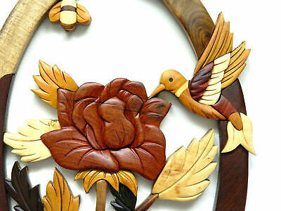 INTARSIA WOOD ART WALL HANGING: HUMMINGBIRD AND THE ROSE