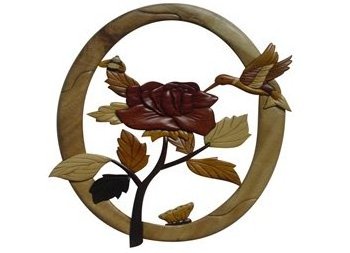 INTARSIA WOOD ART WALL HANGING: HUMMINGBIRD AND THE ROSE