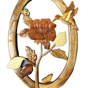 INTARSIA WOOD ART WALL HANGING: HUMMINGBIRD AND THE ROSE