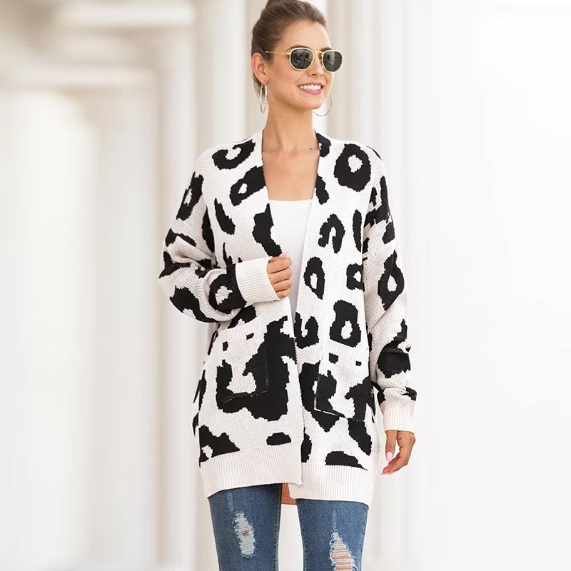 Winter women knit cardigan sweater leopard jacquard sweater open front coat outwear with pockets