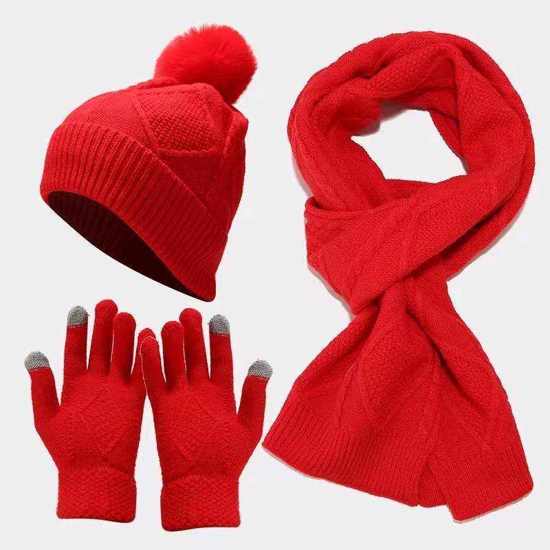 3 PCS Warm Scarf Glove Hat Beanie Set Winter Knit Pom Hats Touch Screen Gloves Long Scarf  Set