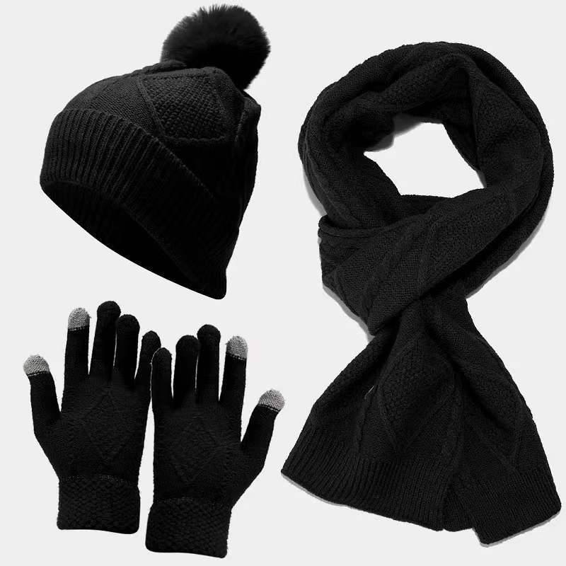 3 PCS Warm Scarf Glove Hat Beanie Set Winter Knit Pom Hats Touch Screen Gloves Long Scarf  Set