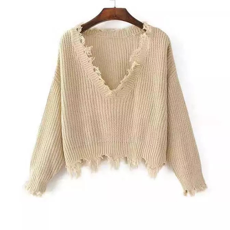 2021 Autumn and Winter Women's Sweater Explosion Section Deep V-neck Umbilical Tassel Sweater