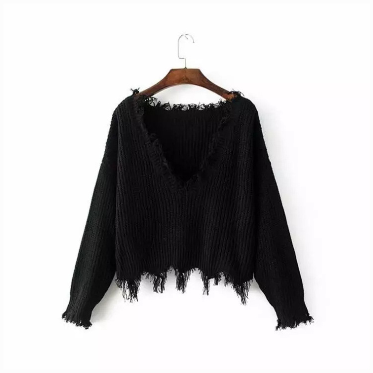 2021 Autumn and Winter Women's Sweater Explosion Section Deep V-neck Umbilical Tassel Sweater