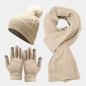 3 PCS Warm Scarf Glove Hat Beanie Set Winter Knit Pom Hats Touch Screen Gloves Long Scarf  Set