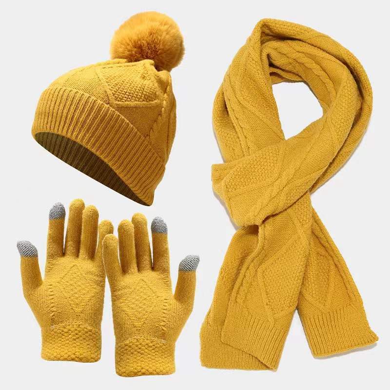 3 PCS Warm Scarf Glove Hat Beanie Set Winter Knit Pom Hats Touch Screen Gloves Long Scarf  Set