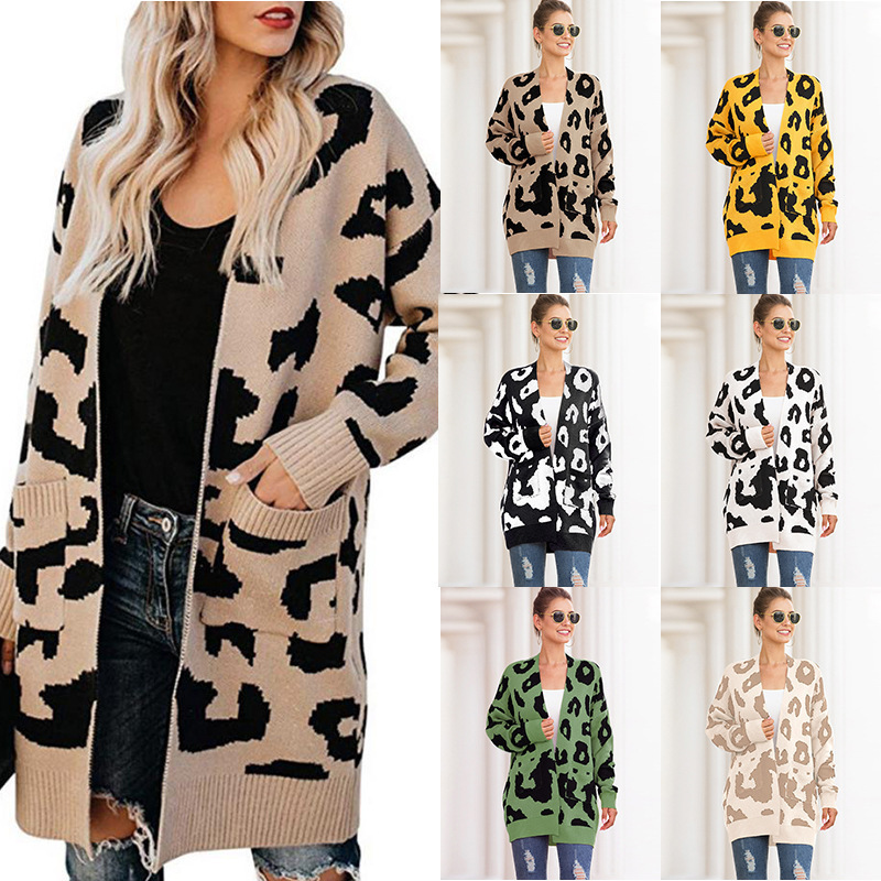 Winter women knit cardigan sweater leopard jacquard sweater open front coat outwear with pockets