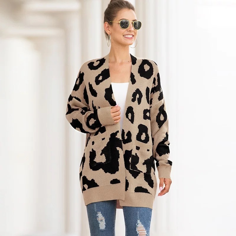 Winter women knit cardigan sweater leopard jacquard sweater open front coat outwear with pockets