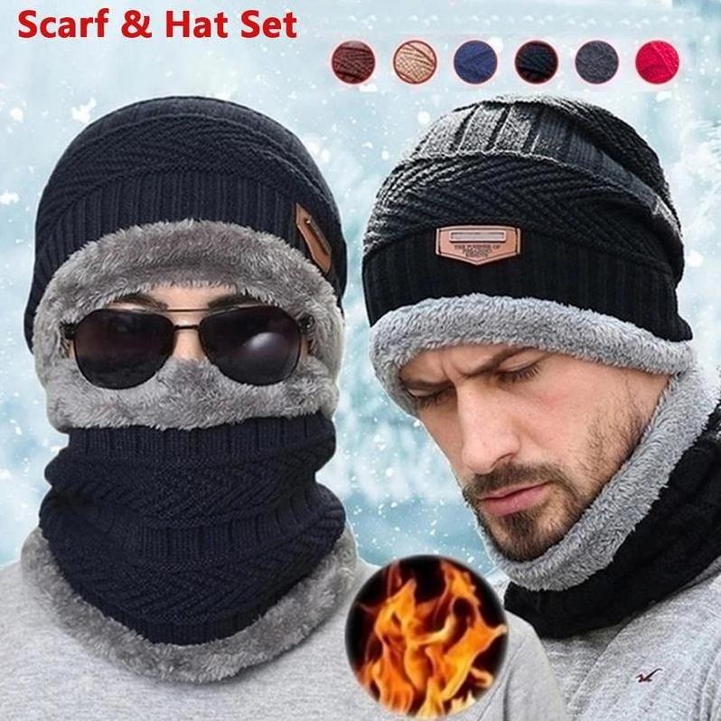 Unisex Winter Men's Ski Beanie Hat Scarf Set Fleece Lined Thicken Skull and Neck Warmer