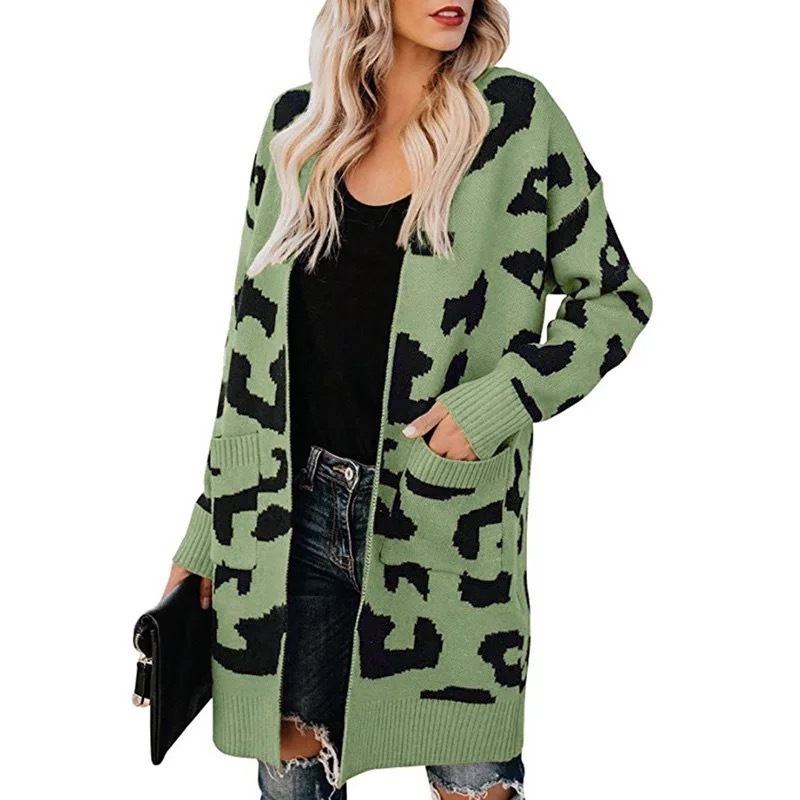 Winter women knit cardigan sweater leopard jacquard sweater open front coat outwear with pockets