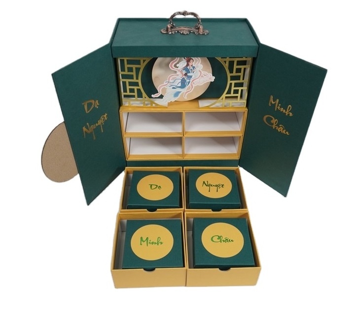 High quality OEM Service Luxury Moon Cake Box With Handle Bio-degradable Kraft Gift Mooncake Paper Boxes