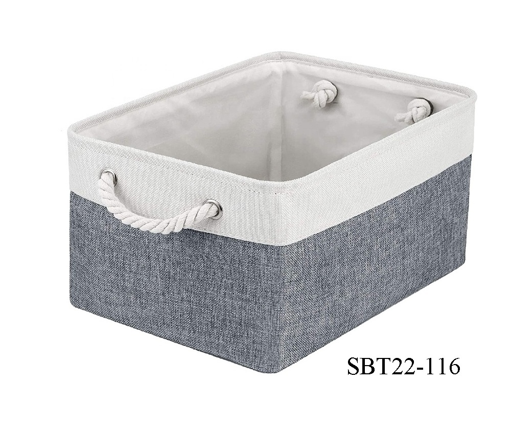 rectangle Storage Linen Fabric Decorative Closet baskets bins with cotton rope Handles with linen and grey color