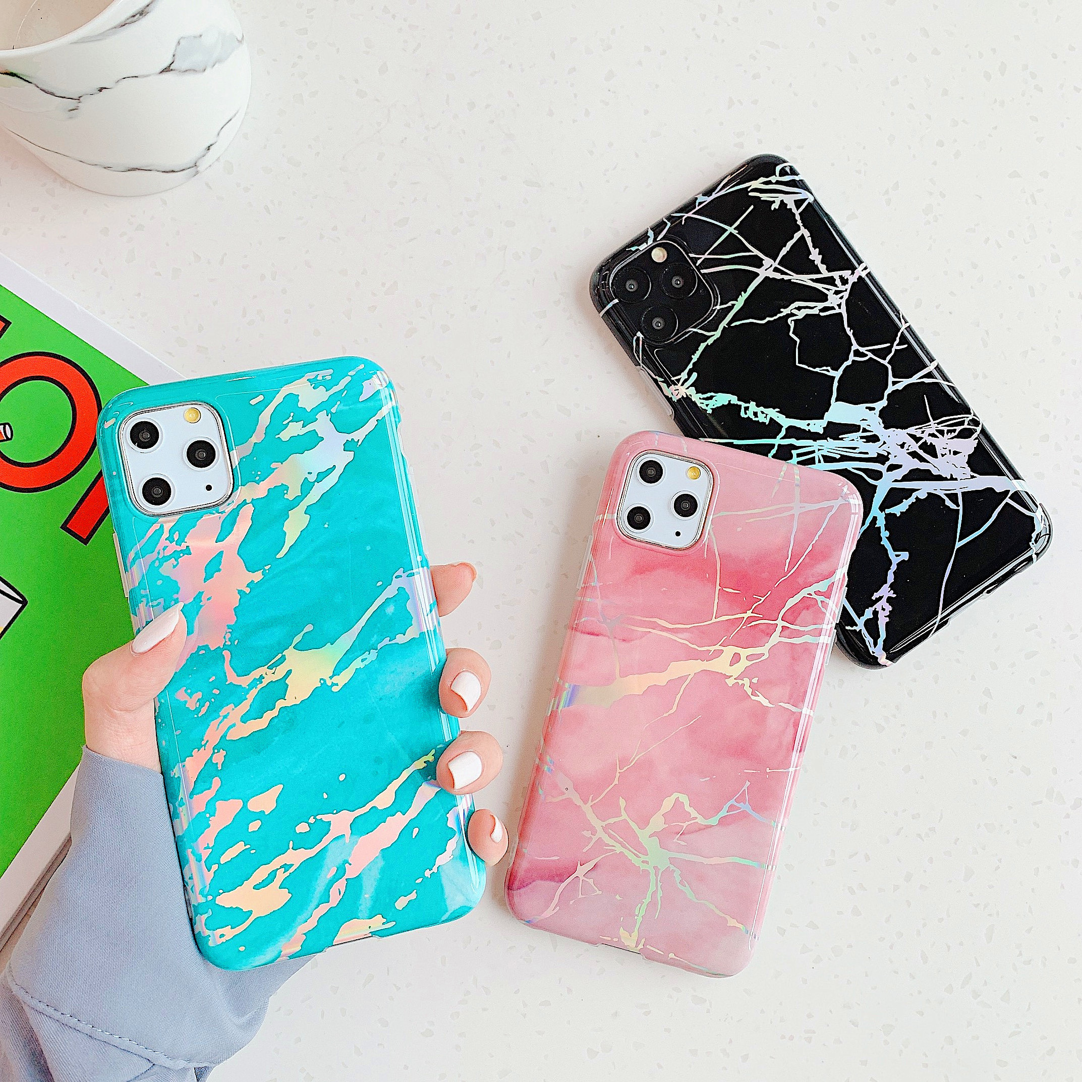 for iphone 12 pro max marble glitter case changing color laser imd marble phone case for iphone 11 12