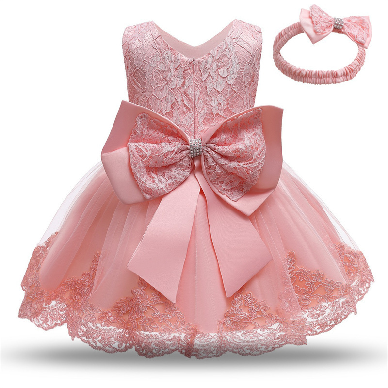 accept custom wholesale cake ball gown princess lace birthday party dress for 1 years old baby girl with big bow waistband