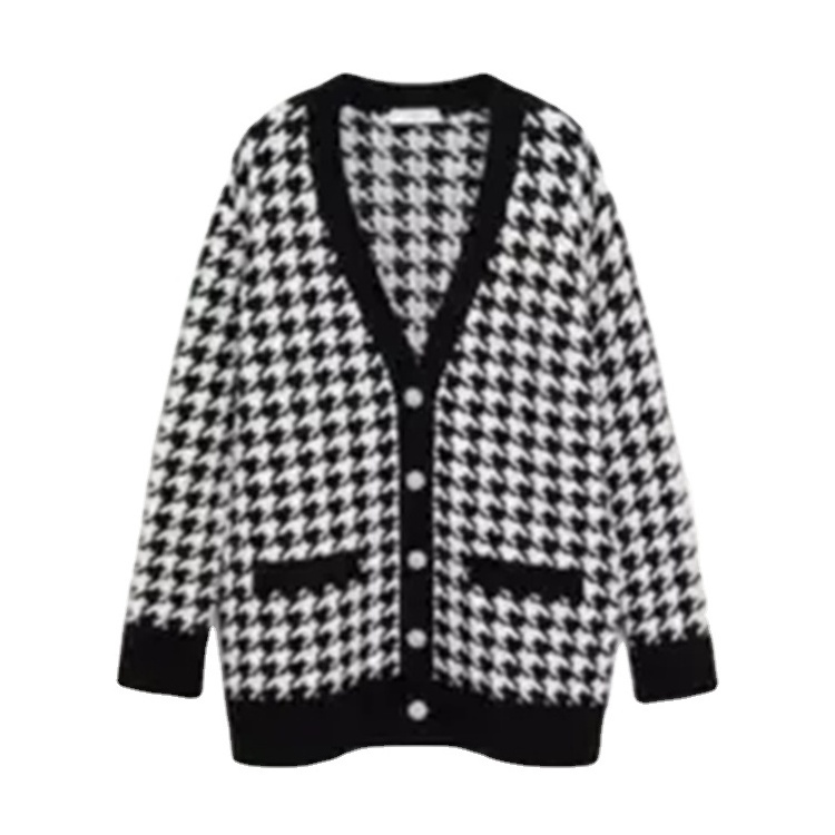 Hot Selling Cardigan Long Sleeves Big Pocket Knit Plaid Sweater Woman