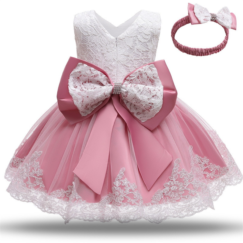 accept custom wholesale cake ball gown princess lace birthday party dress for 1 years old baby girl with big bow waistband