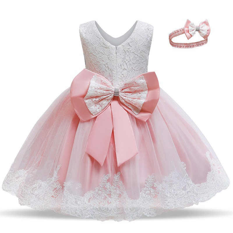 accept custom wholesale cake ball gown princess lace birthday party dress for 1 years old baby girl with big bow waistband