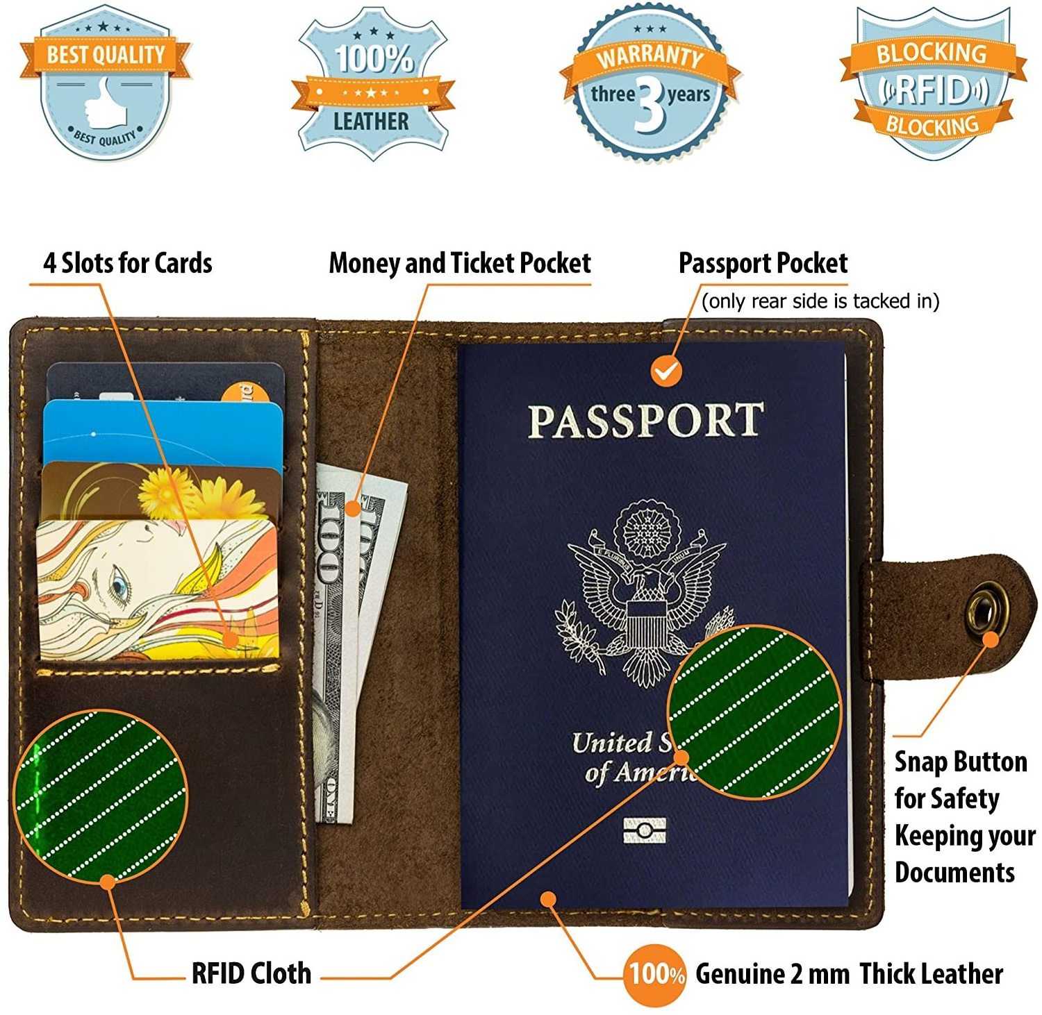 Custom Leather US Passport Holder Cover RFID Blocking ID Card Wallet