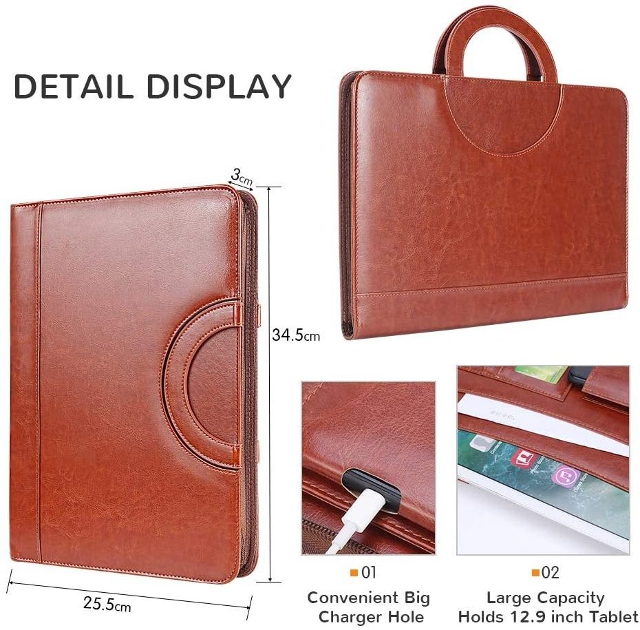 Wholesale Custom Zippered Leather Padfolio Portfolio with Hidden Handle and Clipboard