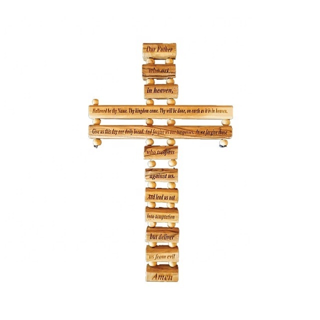 olive wood hand made lord prayer cross