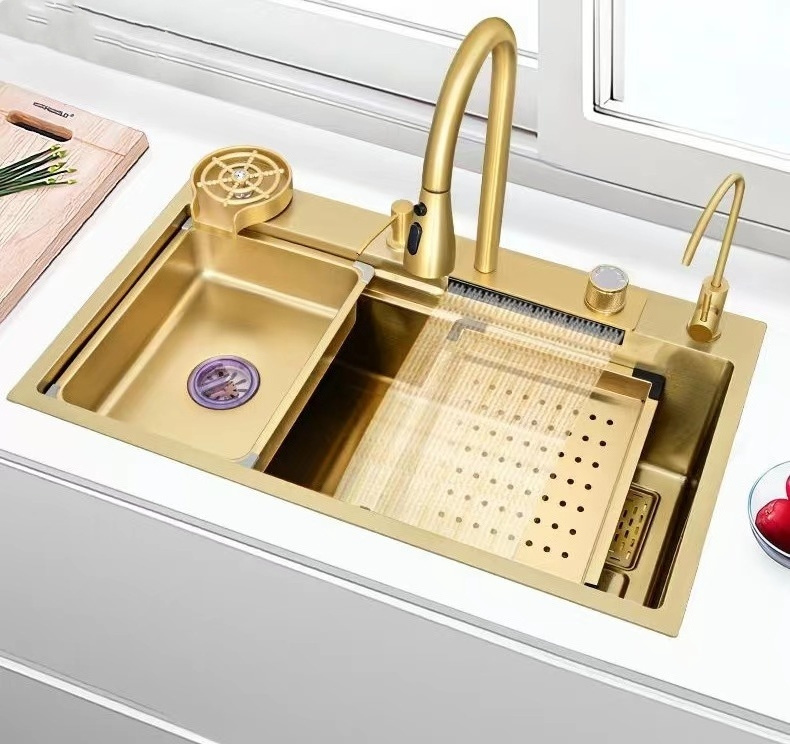 2023 Tiktok 30 32 Inch Golden Waterfall  Sink Gold 304 Stainless Steel Faucet Handmade Kitchen Sink