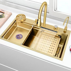 2023 Tiktok 30 32 Inch Golden Waterfall  Sink Gold 304 Stainless Steel Faucet Handmade Kitchen Sink