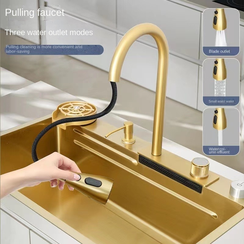 2023 Tiktok 30 32 Inch Golden Waterfall  Sink Gold 304 Stainless Steel Faucet Handmade Kitchen Sink