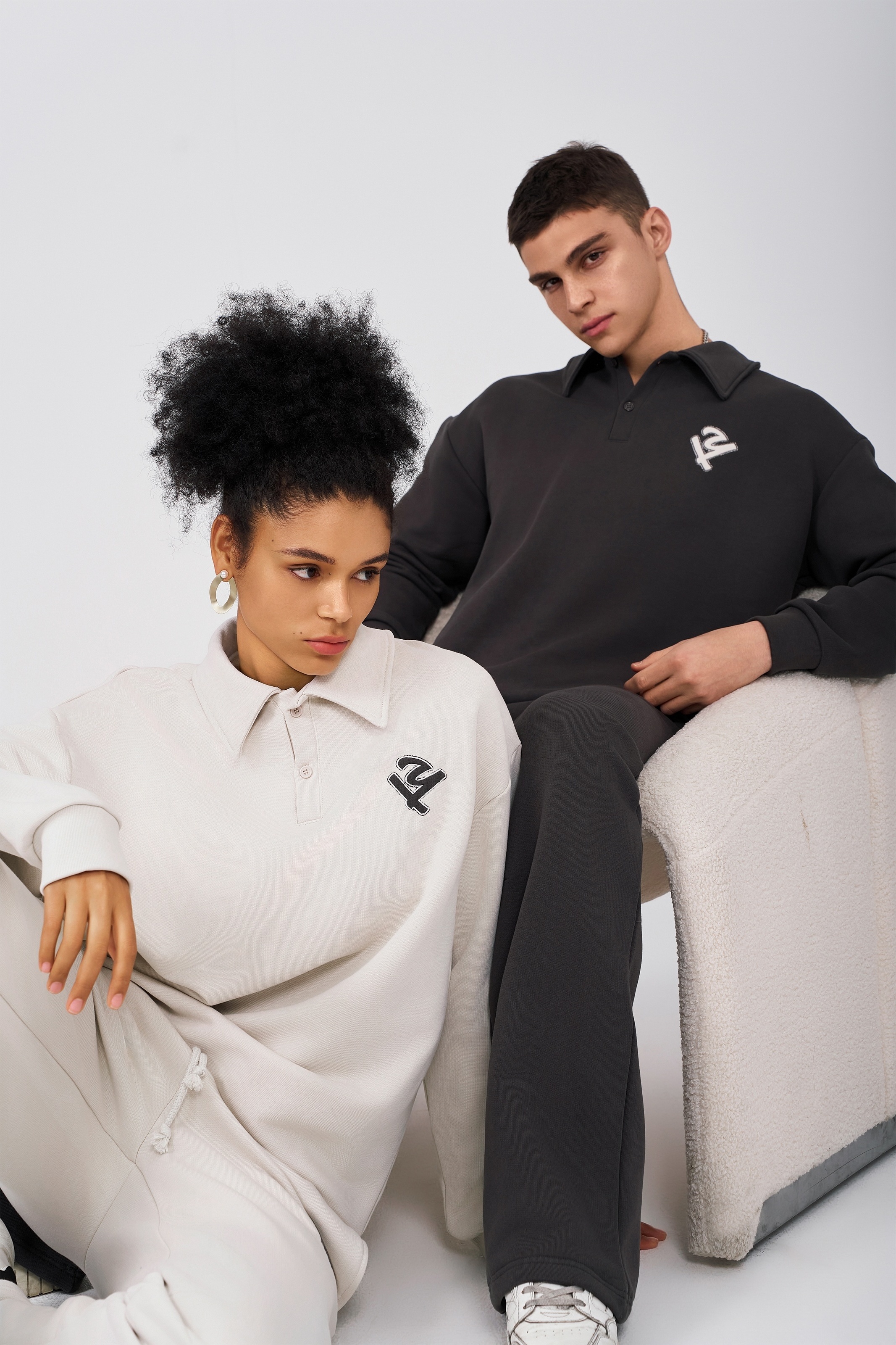 Unisex tracksuit sweatsuits sets 350 gsm fleece organic cotton two piece polo sweatshirt and sweatpants set for women and men