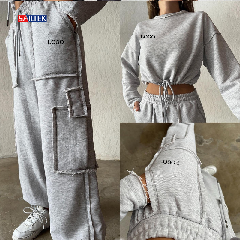 2024 Women clothing jogging suits custom 2 piece crop top sweatshirt and pants set cargo tracksuit crop sweatsuit sets women