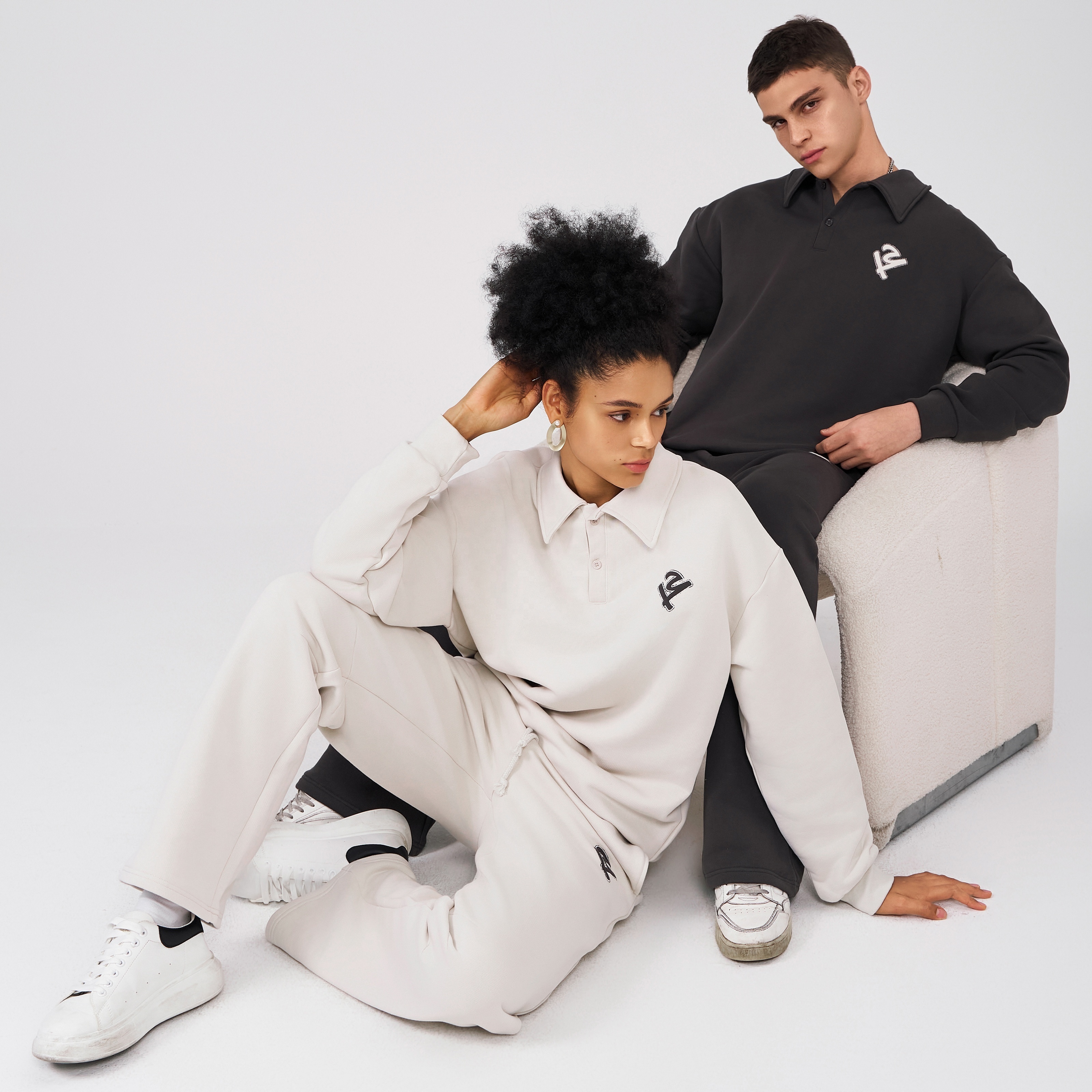 Unisex tracksuit sweatsuits sets 350 gsm fleece organic cotton two piece polo sweatshirt and sweatpants set for women and men