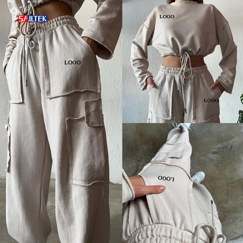 2024 Women clothing jogging suits custom 2 piece crop top sweatshirt and pants set cargo tracksuit crop sweatsuit sets women