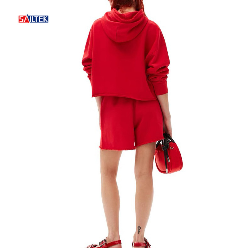 2024 Summer Clothes Custom Sexy Women Knitted 100% Cotton 2 Piece Shorts Set High Quality Red Two Piece Hoodie and Shorts Sets