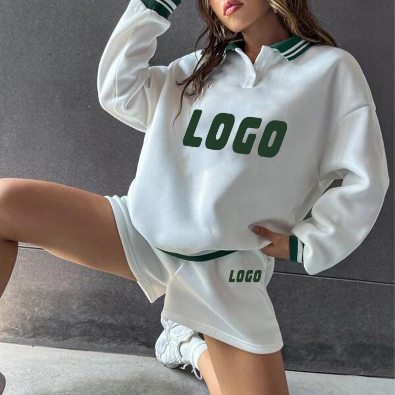 Custom logo sportswear short sweat suits women sweatshirts and shorts set wholesale women short sets