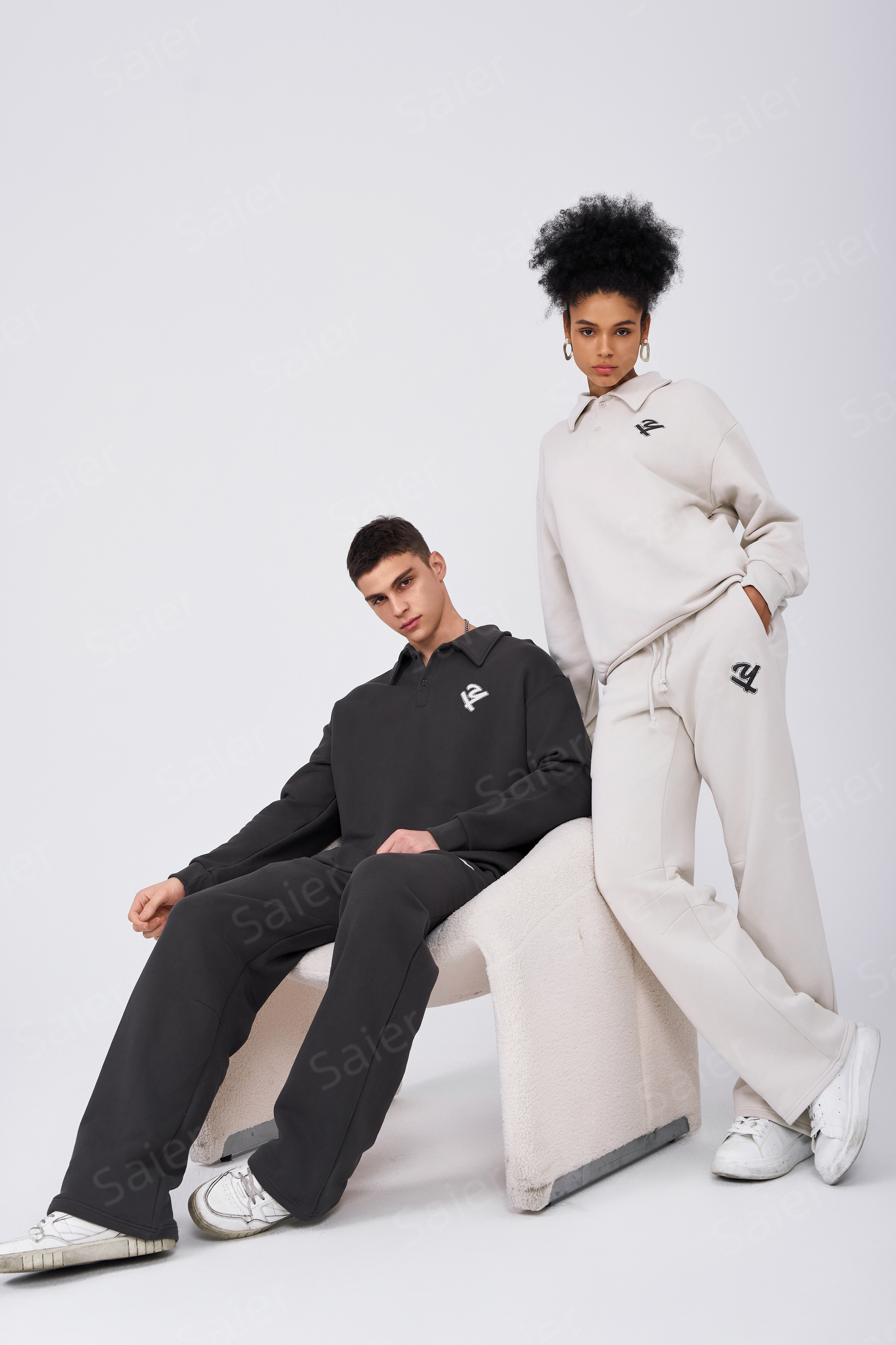 Unisex tracksuit sweatsuits sets 350 gsm fleece organic cotton two piece polo sweatshirt and sweatpants set for women and men