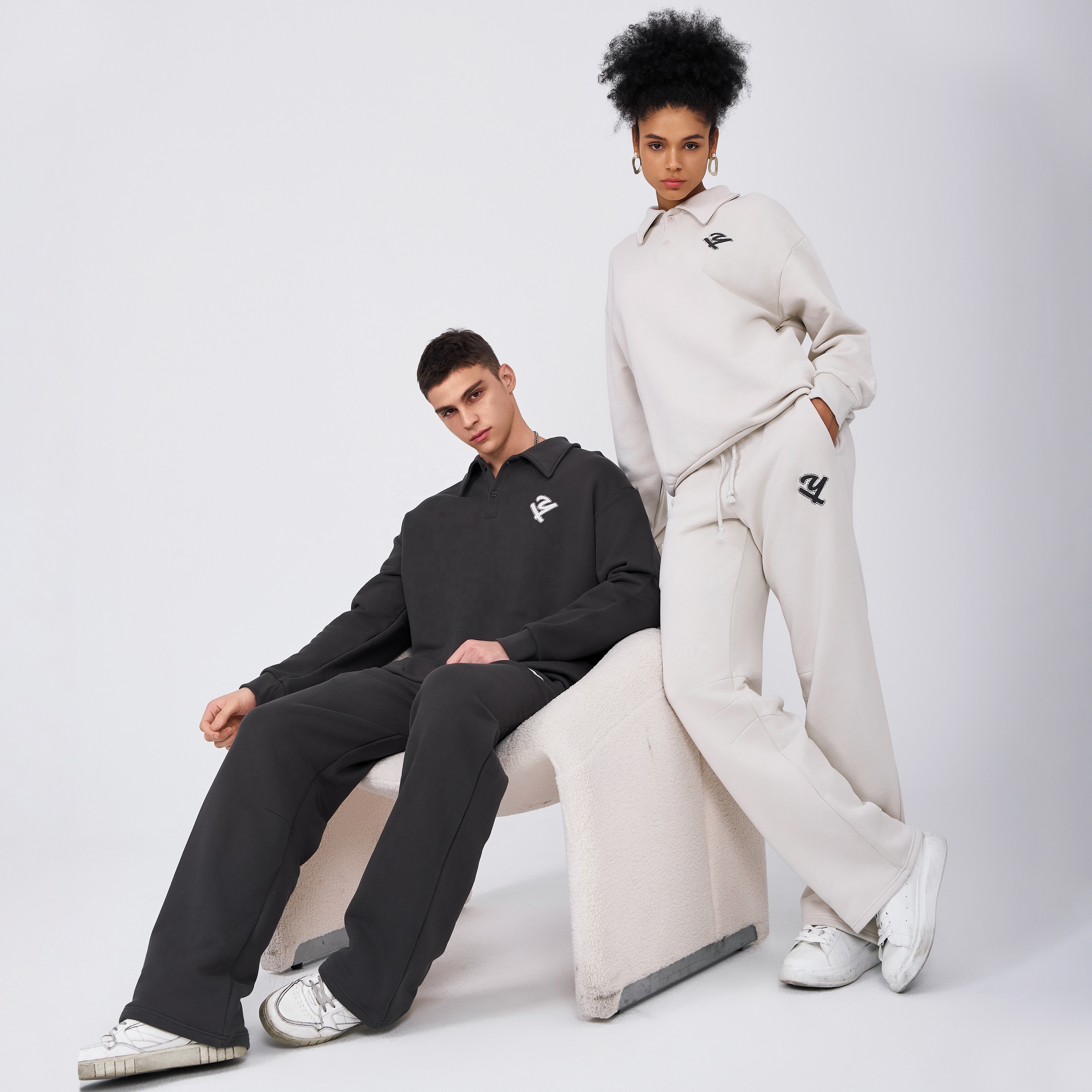 Unisex tracksuit sweatsuits sets 350 gsm fleece organic cotton two piece polo sweatshirt and sweatpants set for women and men