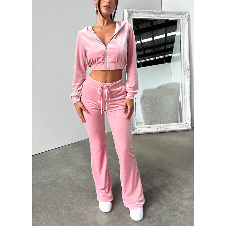 Custom Velour Tracksuit 2 Piece Cropped Zip Up Hoodie and Pants Set For Women