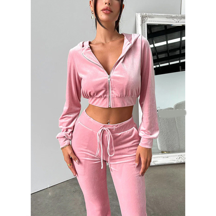 Custom Velour Tracksuit 2 Piece Cropped Zip Up Hoodie and Pants Set For Women