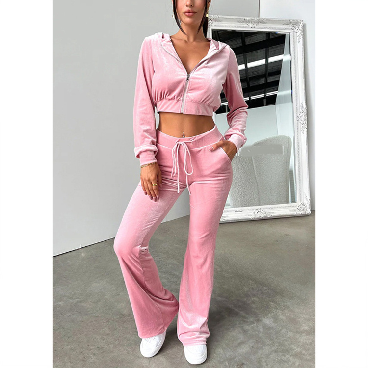 Custom Velour Tracksuit 2 Piece Cropped Zip Up Hoodie and Pants Set For Women