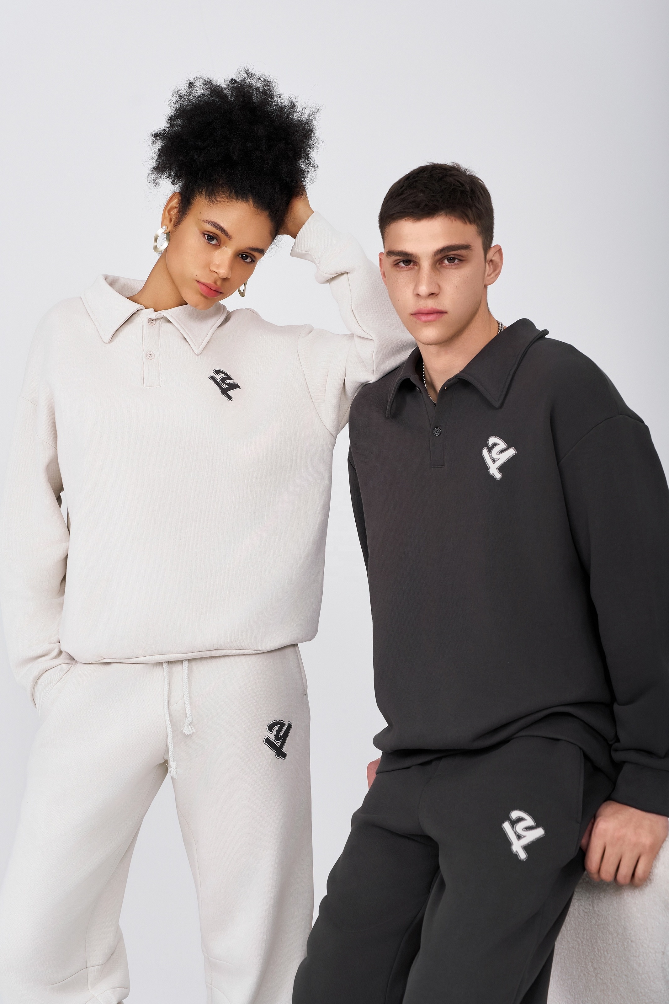 Unisex tracksuit sweatsuits sets 350 gsm fleece organic cotton two piece polo sweatshirt and sweatpants set for women and men