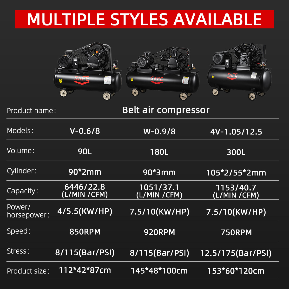 SAFE Portable Industrial air Compressor 5.5kw 11kw 200 300 1000 Liter Capacity with 7.5kw 10hp Piston and 300l Tank