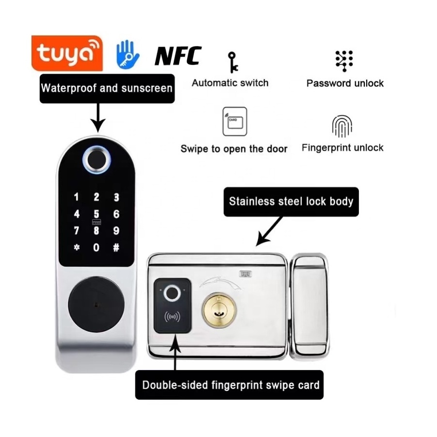 Waterproof Outdoor Gate Rim Lock NFC Double Sided Fingerprint Smart Lock Tuya and TT lock