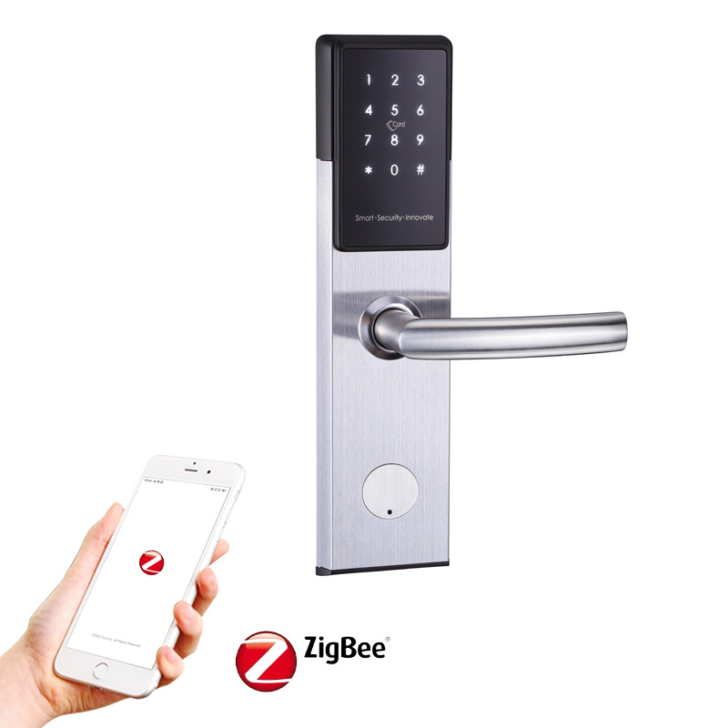 Stainless steel Keyless Entry Zigbee App Controlled Card Encoder Digital Password E-key Tuya SaaS Hotel Door Lock for Smart Hote