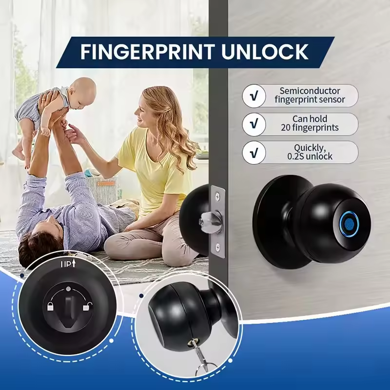 Tuya APP Quick Release Ball Lock Bolts Fingerprint Electric Smart Door round Knob Lock For Interior Doors