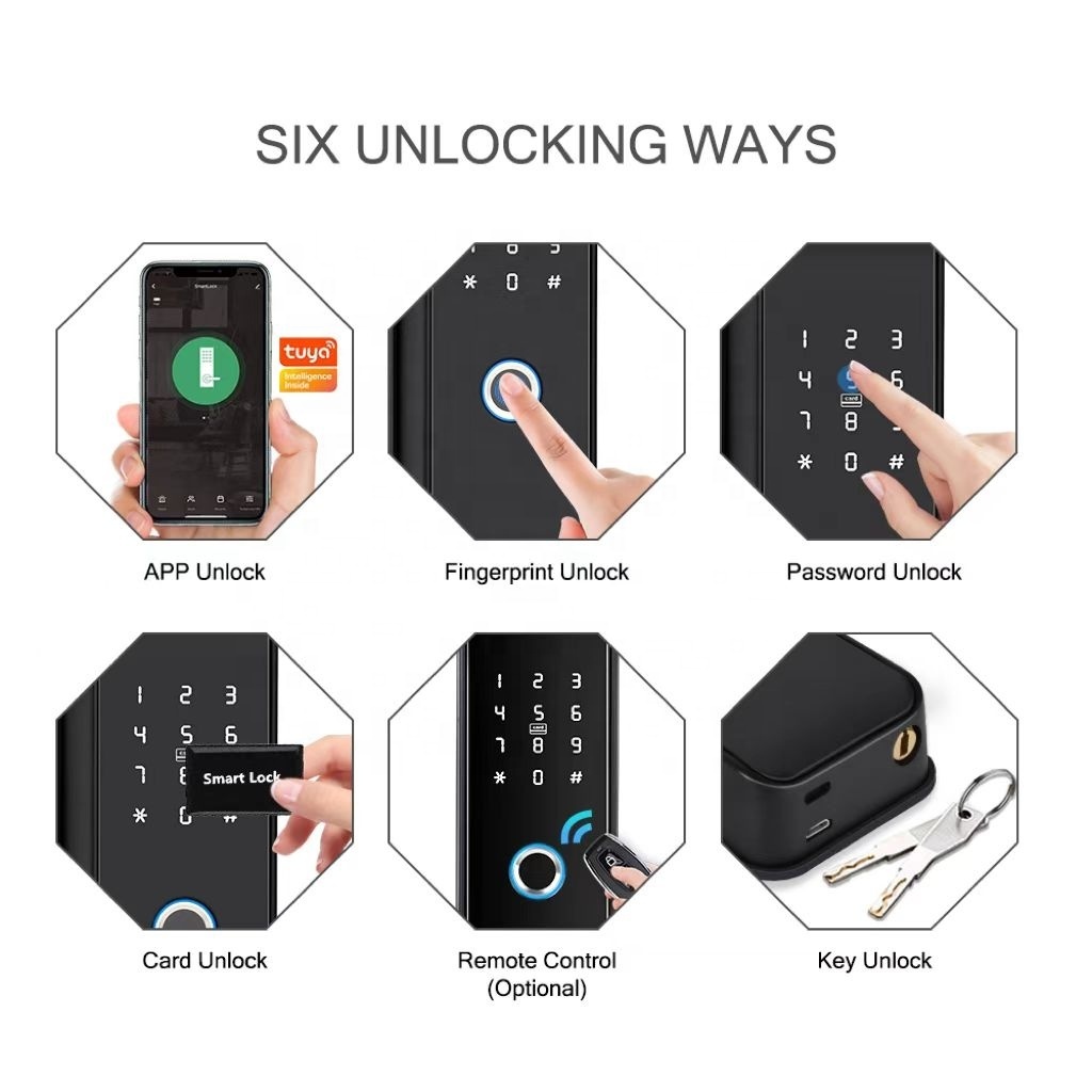 TUYA/TT Stainless smart electric rim lock IP65 waterproof outdoor two side fingerprint gate lock keypad card door lock