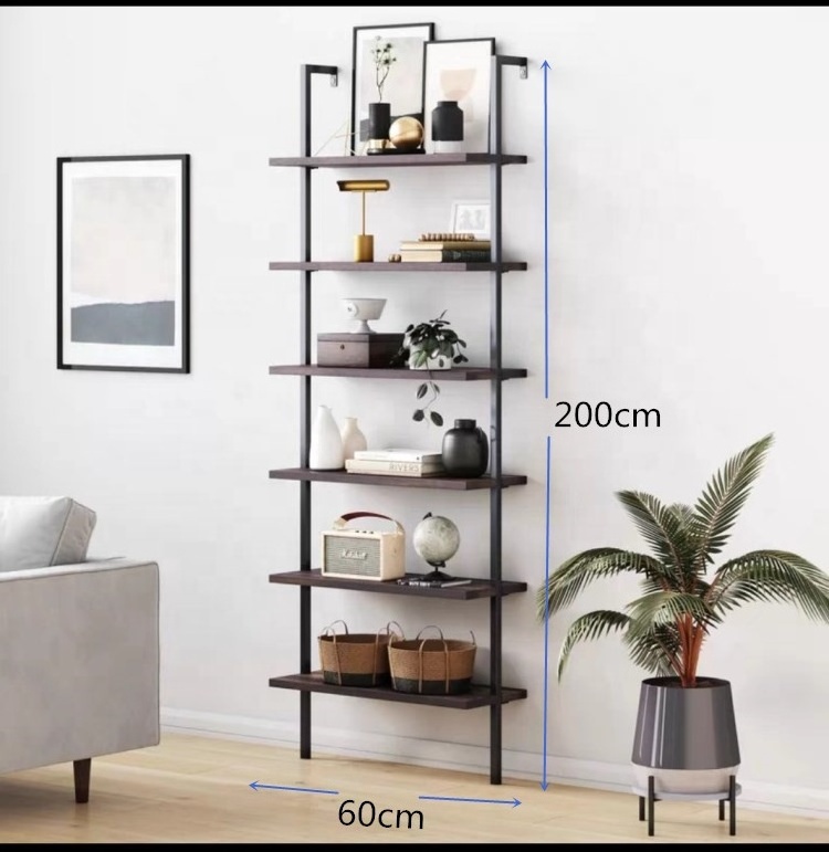 Living Room Furniture 6 Tier Ladder Book Shelves Metal Wooden Bookcase