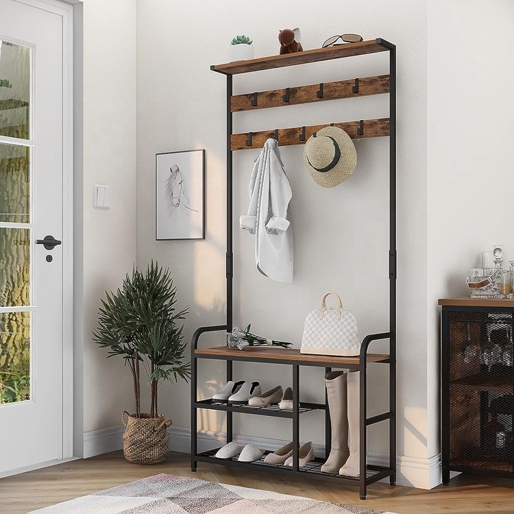 Industrial 5 Tier Coat Rack Free Standing with Shoe Rack and 9 hooks for Entryway 3 in 1 entrance bench