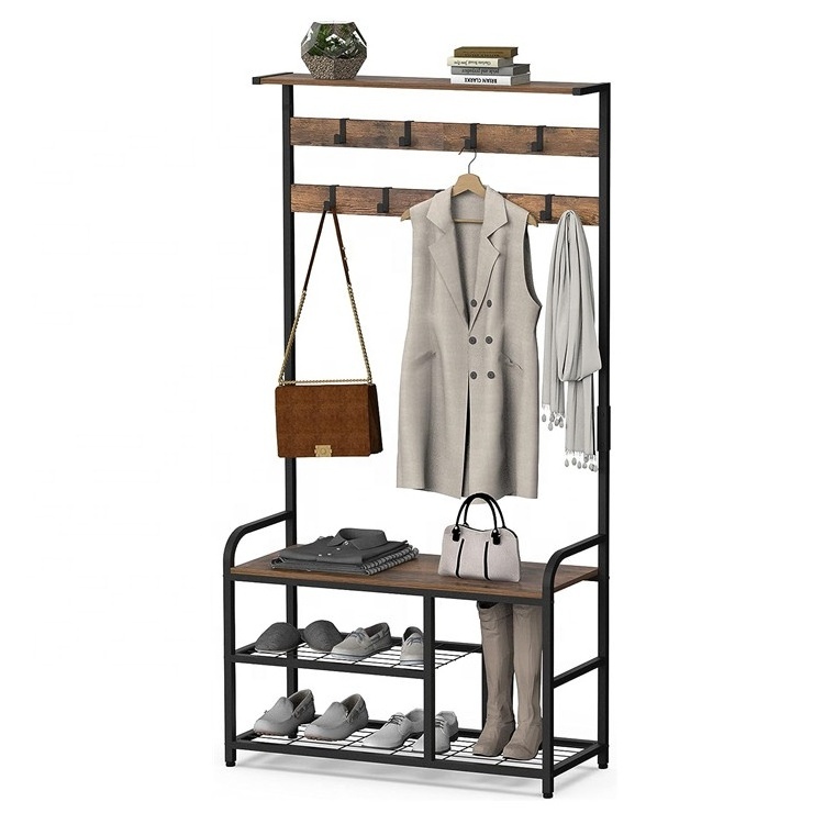 Industrial 5 Tier Coat Rack Free Standing with Shoe Rack and 9 hooks for Entryway 3 in 1 entrance bench