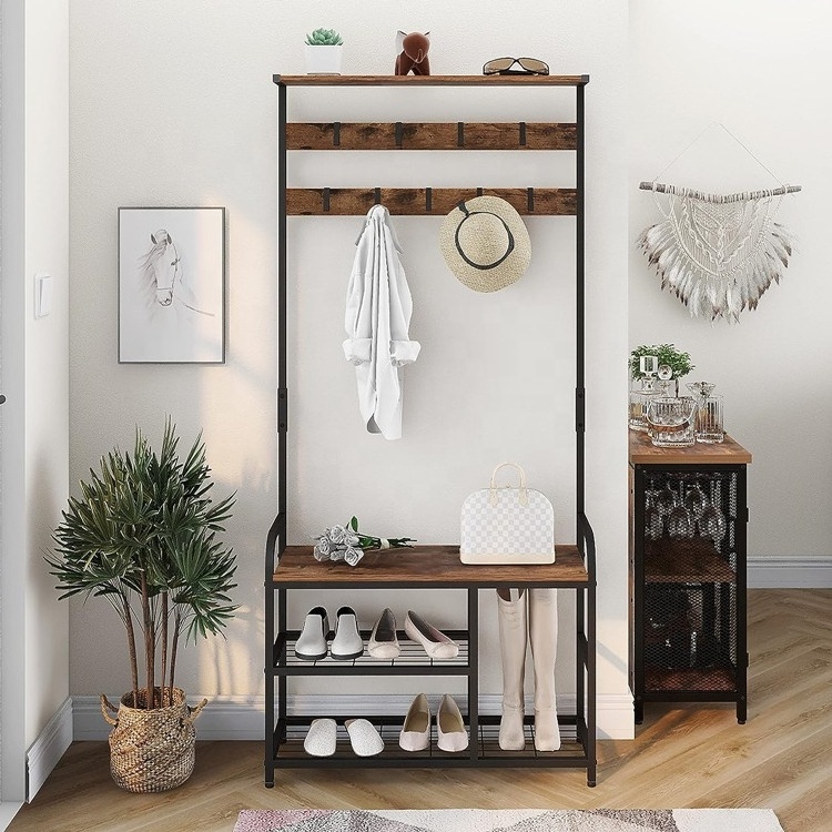 Industrial 5 Tier Coat Rack Free Standing with Shoe Rack and 9 hooks for Entryway 3 in 1 entrance bench