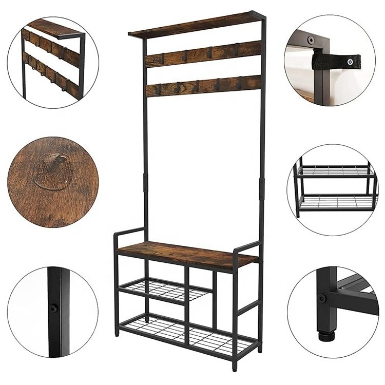 Industrial 5 Tier Coat Rack Free Standing with Shoe Rack and 9 hooks for Entryway 3 in 1 entrance bench