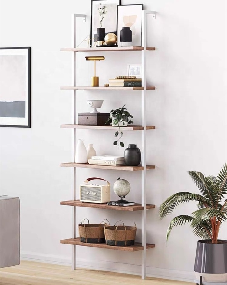 Living Room Furniture 6 Tier Ladder Book Shelves Metal Wooden Bookcase